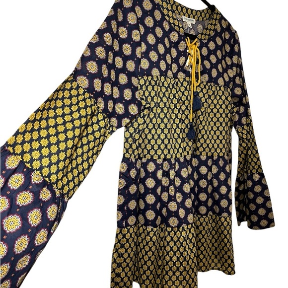 Ditsy Floral Yellow Gold Navy Boho Chic Tiered Peasant Shirt Size: Medium - Picture 4 of 6